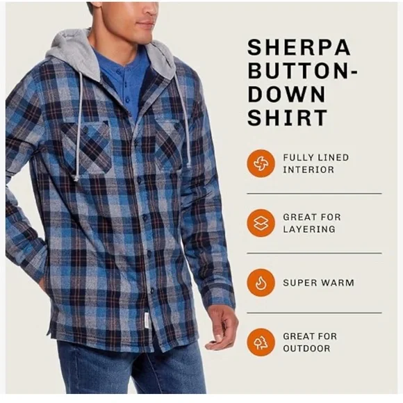 Weatherproof Mens Hooded Sherpa Lined Soft Brushed Plaid Shirt Jacket - Picture 8 of 8